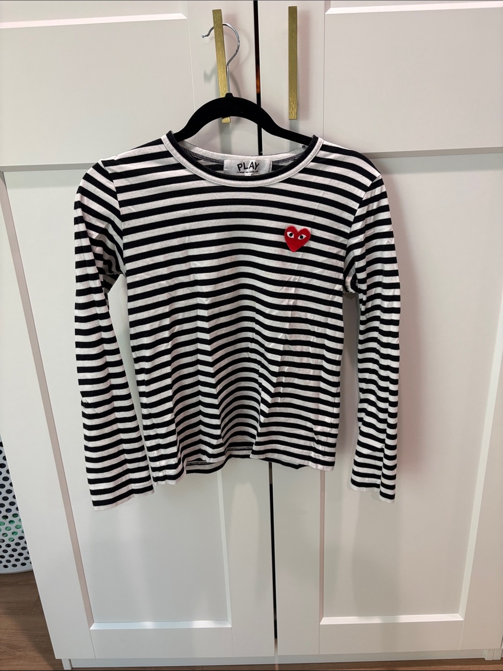 Comme des Garcons PLAY Black & White Striped Long-Sleeve Tee with Red Heart